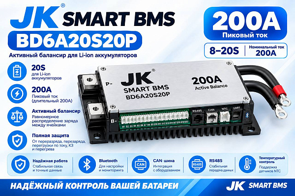 Балансир JK Smart Active BMS BD6A20S20P, 200А